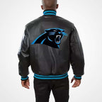 Men’s Carolina Panthers Black Leather Jacket – Classic NFL Fan Gear