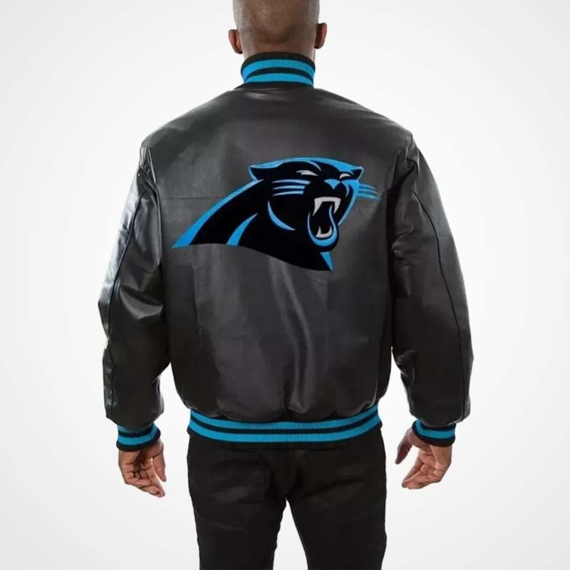 Men’s Carolina Panthers Black Leather Jacket – Classic NFL Fan Gear