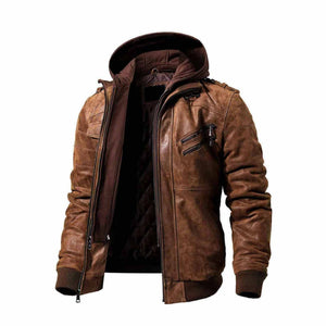 Men's Distressed Brown Leather Hood Jacket Leather Outlet