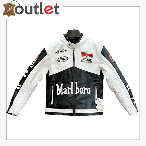 Men's Marlboro White and Black Genuine Leather Jacket Biker Jacket Leather Outlet