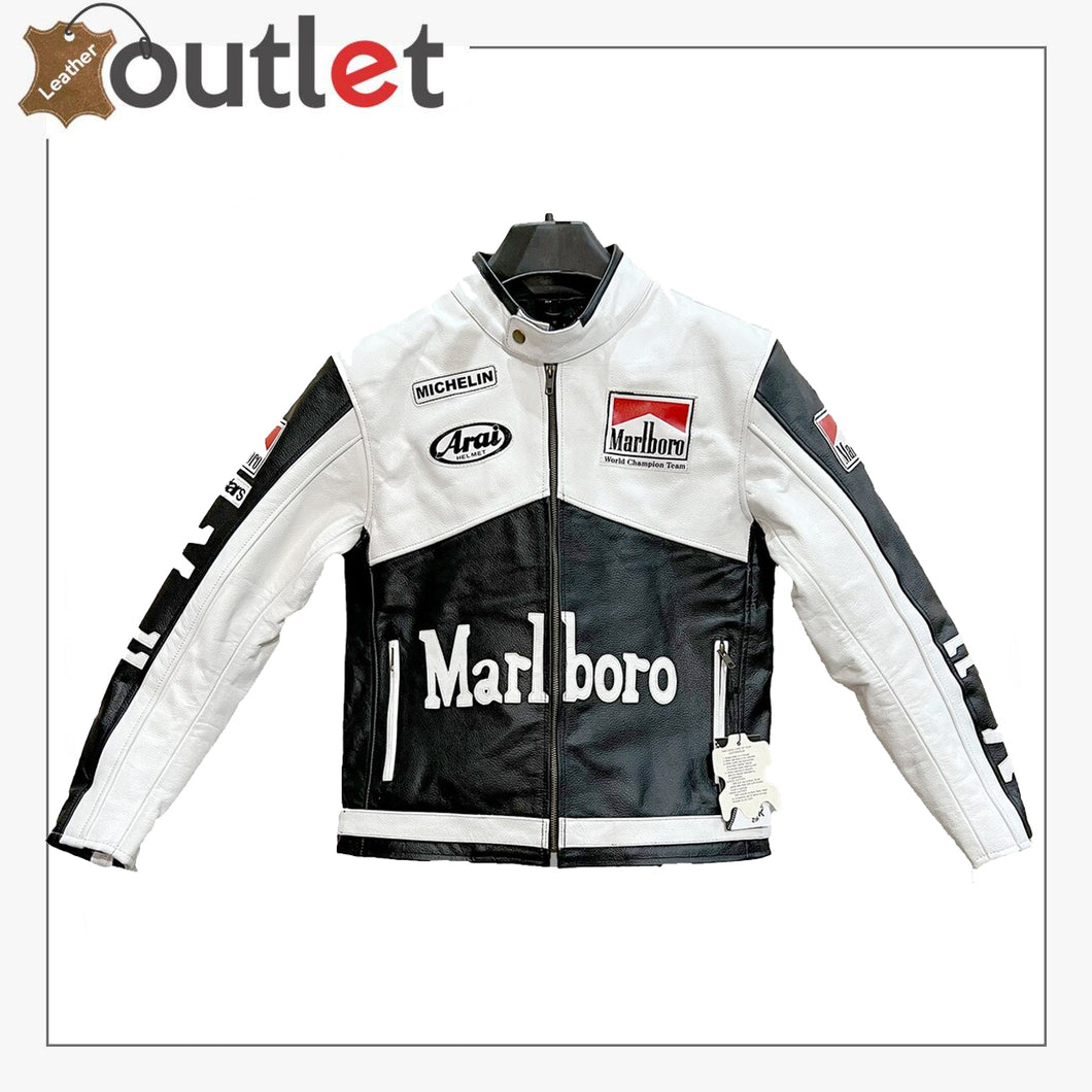 Men's Marlboro White and Black Genuine Leather Jacket Biker Jacket