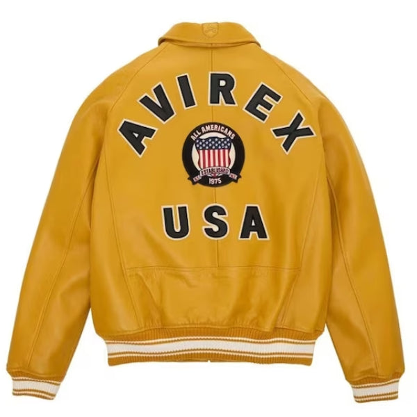 Men's New Avirex Yellow Bomber Leather Jacket Leather Outlet