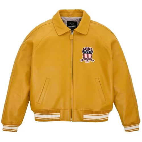 Men's New Avirex Yellow Bomber Leather Jacket Leather Outlet