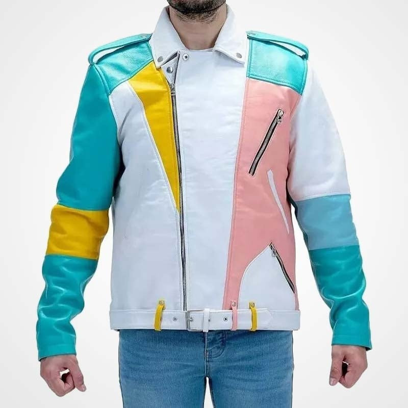 Men’s Pastel Leather Moto Jacket – Multi-Color Biker Style