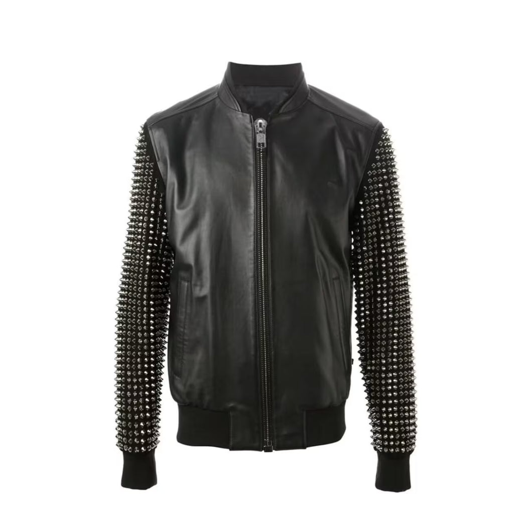 Men's Studded Bomber Zippered Leather Jacket Leather Outlet