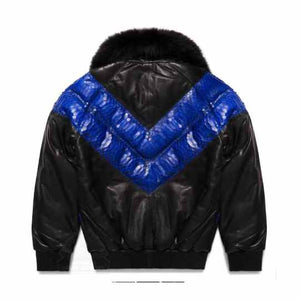 Men's V-Bomber Blue Python Skin Leather Jacket Leather Outlet