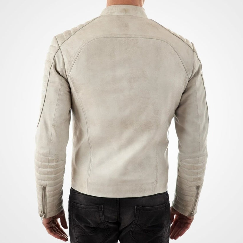 Men’s Off-White Stand Collar Leather Biker Jacket