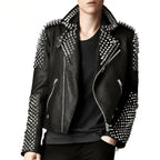 Men's Studded Biker Leather Jacket In Black