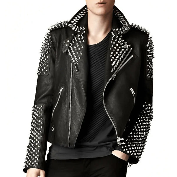 Men's Studded Biker Leather Jacket In Black