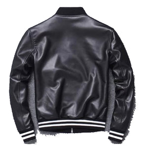 Mens Black leather zippers varsity bomber jacket