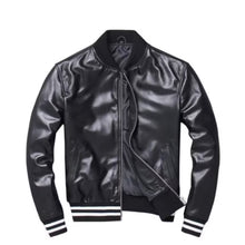 Load image into Gallery viewer, Mens Black leather zippers varsity bomber jacket
