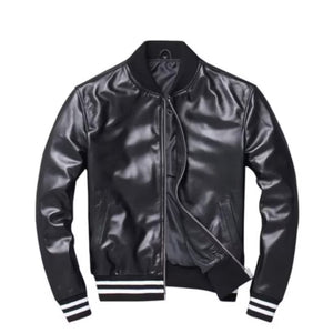 Mens Black leather zippers varsity bomber jacket