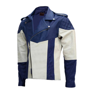 Mens Blue & White Leather Jacket