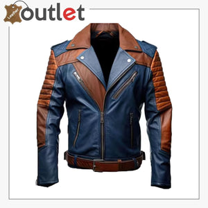 Mens Blue and Brown Custom Leather Jacket