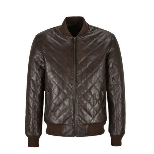 Mens Bomber Leather Jacket Brown Quilted Street Inspired Leather Outlet