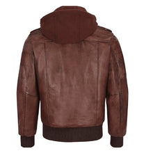 Load image into Gallery viewer, Mens Brown Hooded Bomber Leather Jacket
