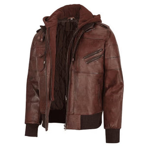 Mens Brown Hooded Bomber Leather Jacket