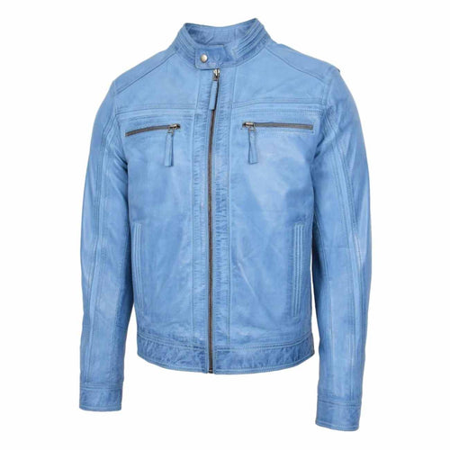 Mens Leather Biker Jacket in Sky Blue Leather Outlet