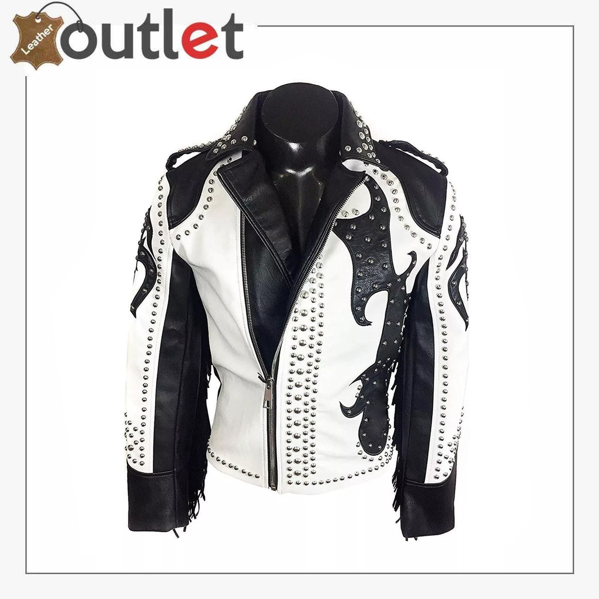 Herren-Bikerjacke aus Leder mit Fransen und silbernen Nieten
