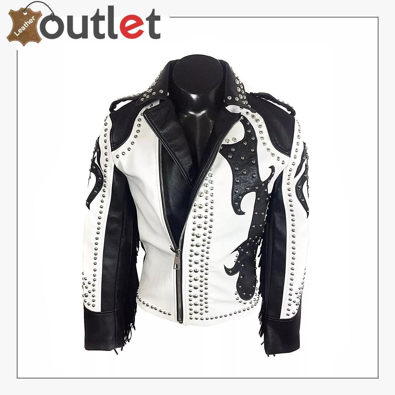 Herren-Bikerjacke aus Leder mit Fransen und silbernen Nieten