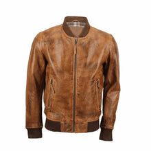 Load image into Gallery viewer, Mens Waxed Brown Leather Bomber Jacket Leather Outlet
