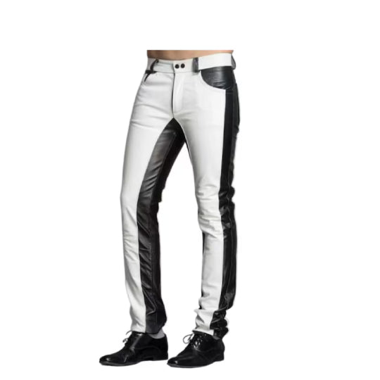 Men's White & Black Genuine Leather Pants