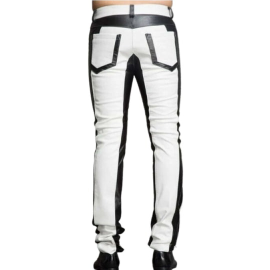 Men's White & Black Genuine Leather Pants