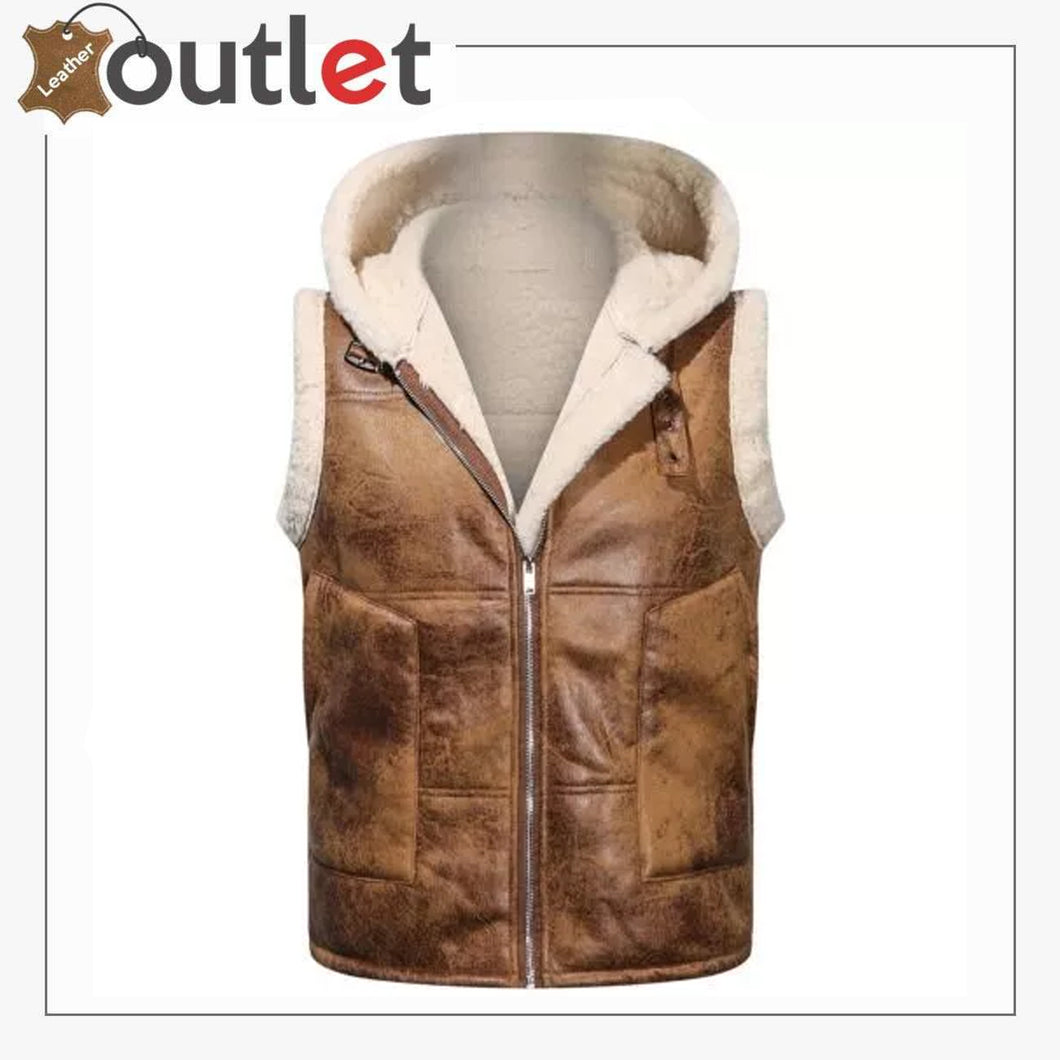 Mens hoodie Shearling Leather Vest