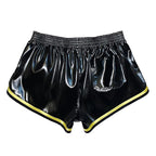 Herren glänzende, glatte, schwarz-gelbe Satins-Shorts