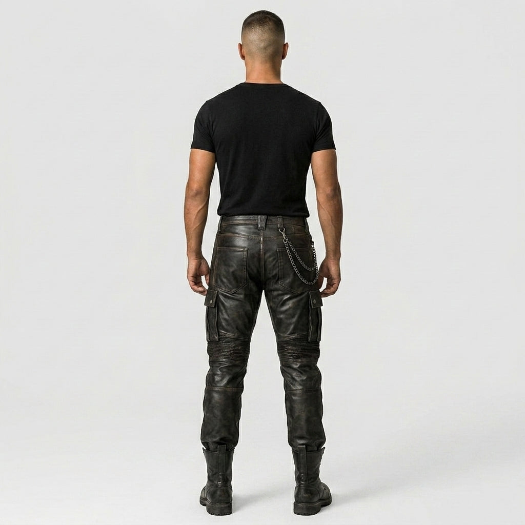Men’s Black Sheepskin Leather Cargo Pants – Biker Style Leather Trousers
