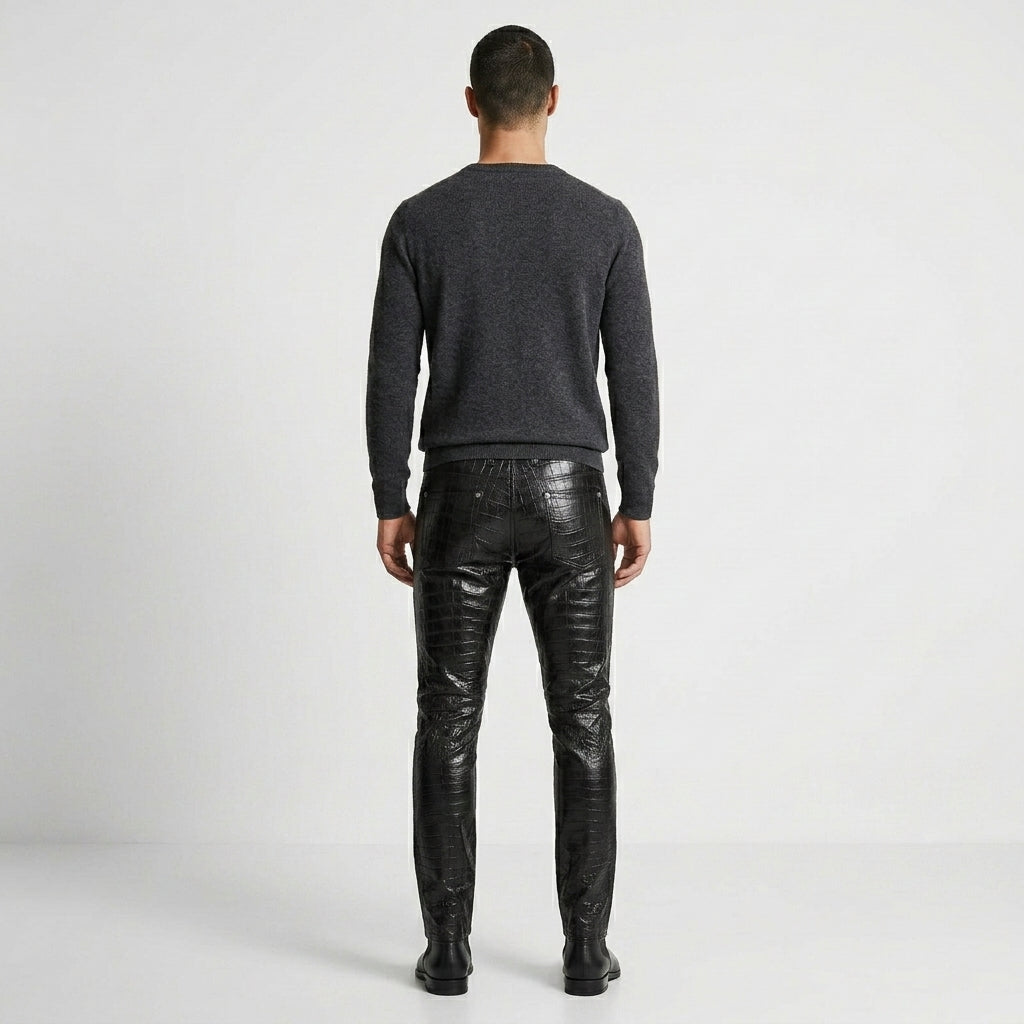 Men’s Black Crocodile Embossed Genuine Leather Biker Pants – Slim Fit Moto Trousers