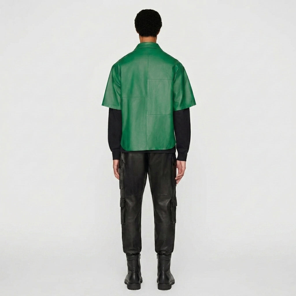 Men’s Green Half Sleeve Leather Shirt – Premium Casual Leather Shirt