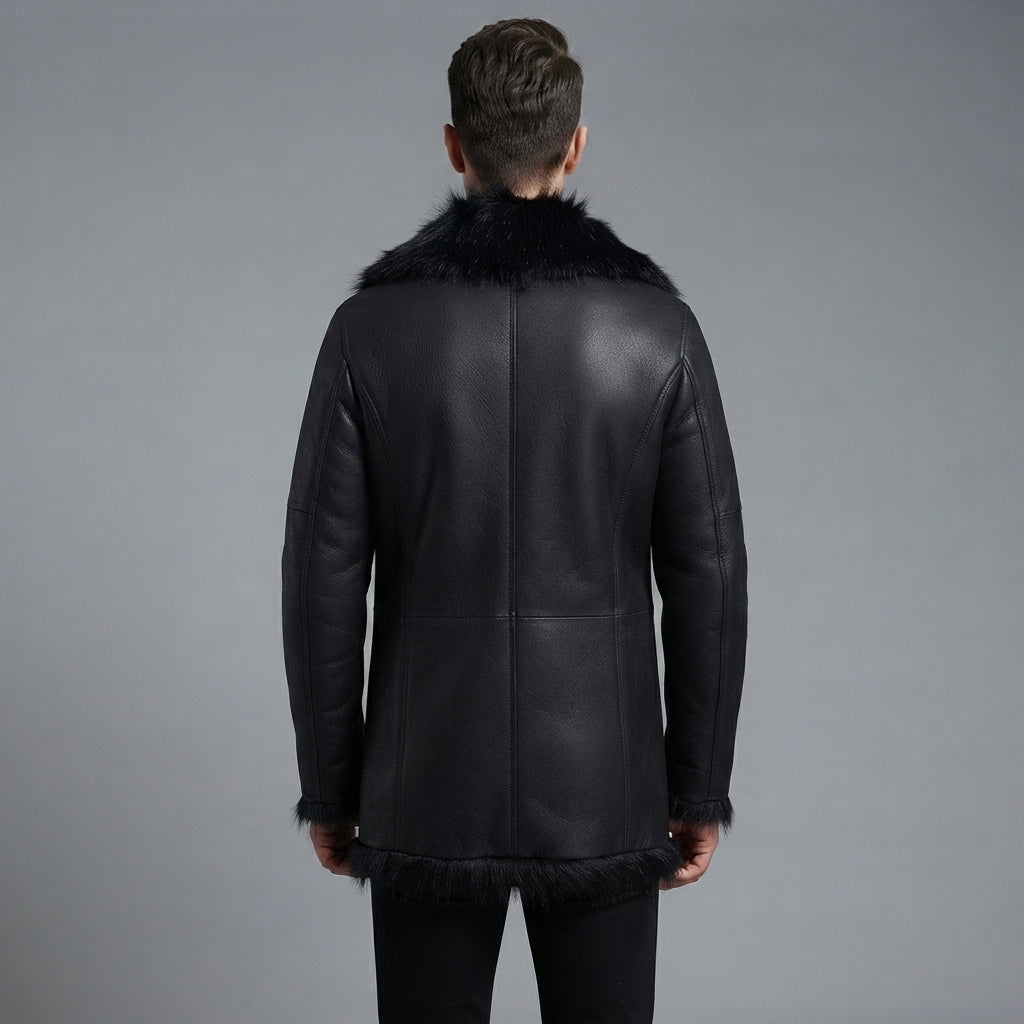 Men's Black Leather Jacket with Black fur Collar