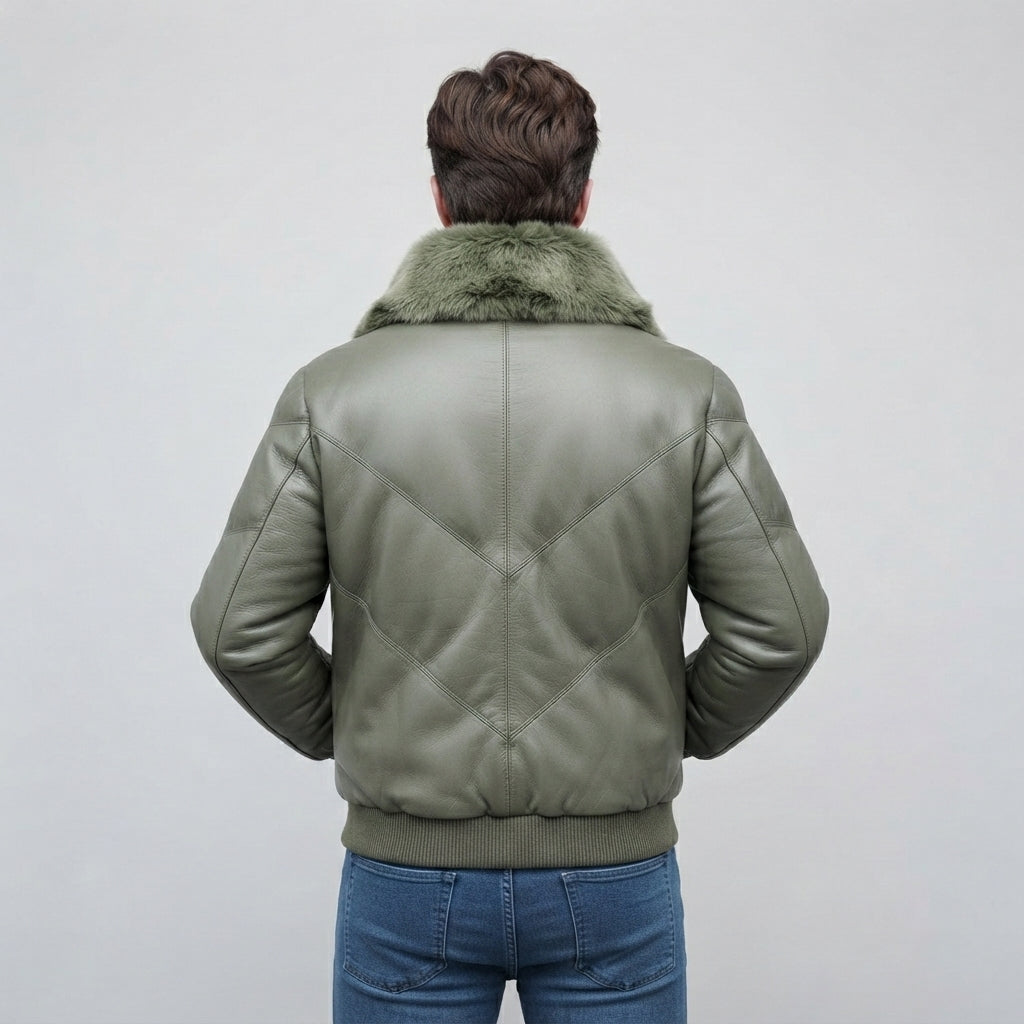 Mens Leather Down Puffer Jacket in Bomber Style
