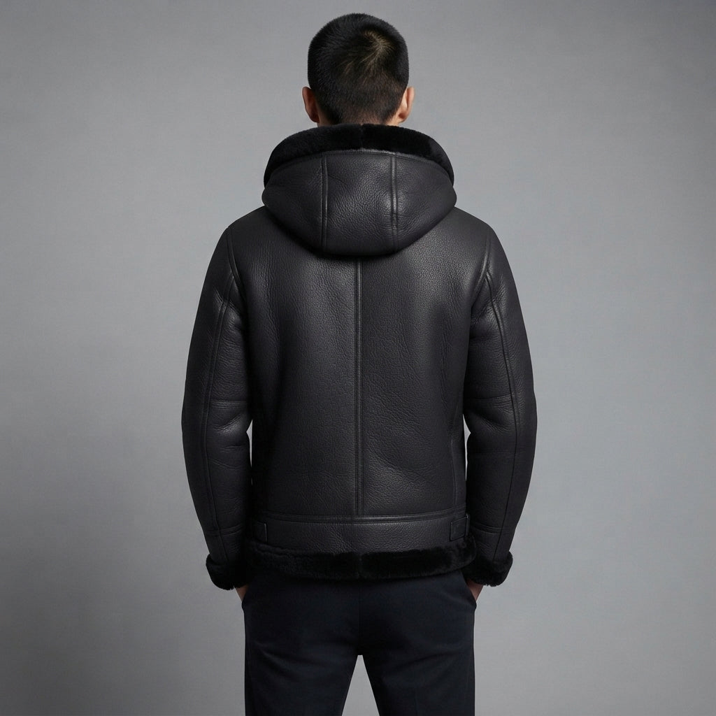 Men's Sheepskin Leather Hoodie With Faux Fur Jacket