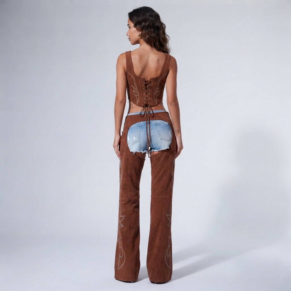 Women Brown and Blue Leather Chaps