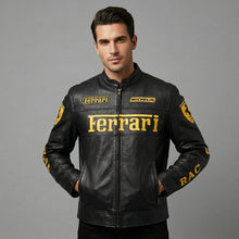 Load image into Gallery viewer, Men’s Ferrari-Inspired Leather Racing Jacket – Real Leather Biker Style
