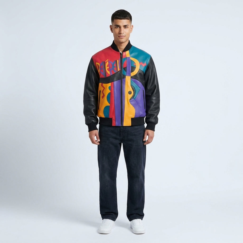 Men’s Artistic Plush Leather Jacket – Picasso-Inspired Statement Edition