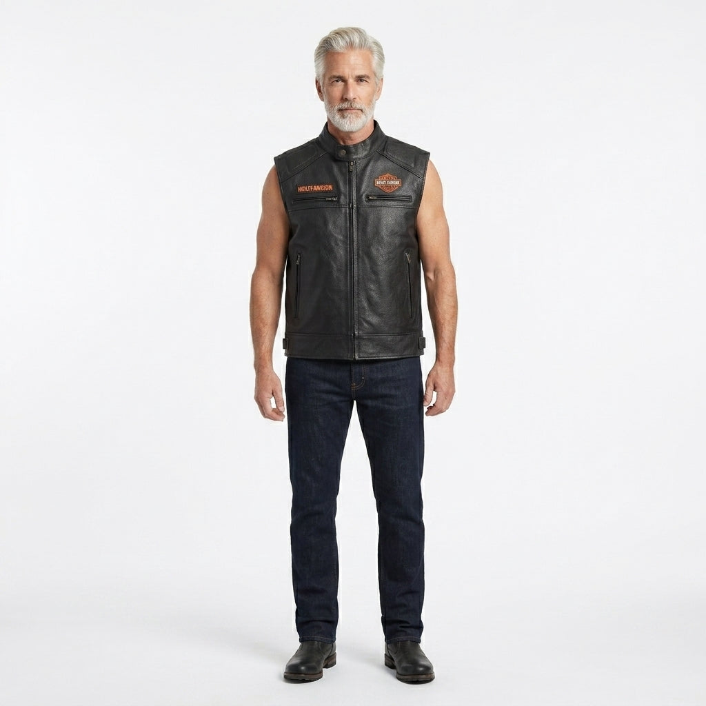 Herren Motorradweste aus echtem schwarzem Leder – Harley Davidson-Biker Club Cut