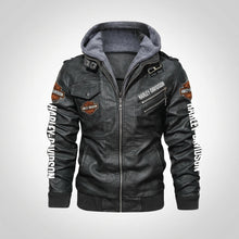 Load image into Gallery viewer, Men’s Black Hooded Cowhide Leather Biker Jacket – Harley-Style Moto
