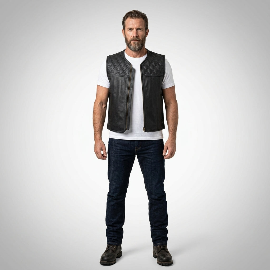Urban Rider Perforated Leather Motorcycle Vest – Breathable Street Moto