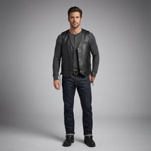 Load image into Gallery viewer, Classic Black Leather Motorcycle Vest – Snap Button &amp; Side Lace Fit
