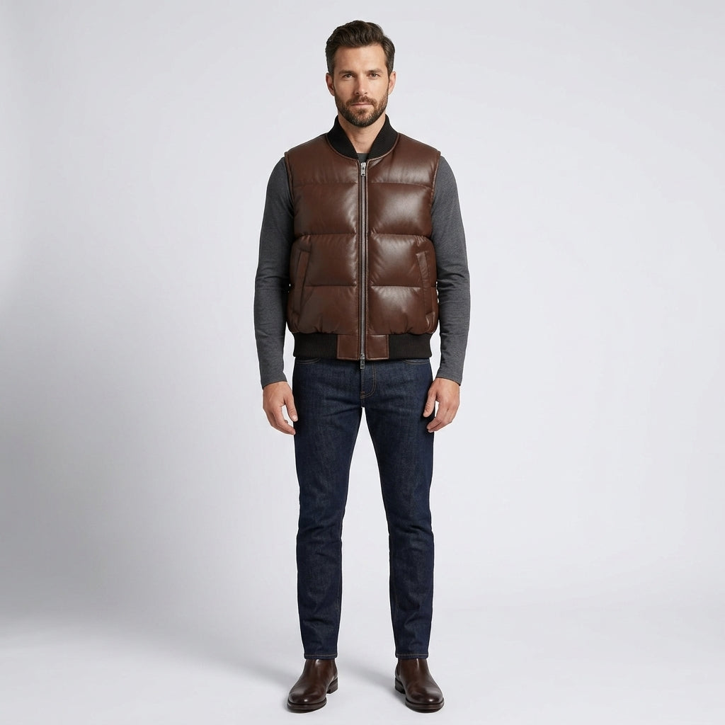 Brown Leather Puffer Vest for Men – Classic Warmth Edition