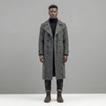 Men’s Manteco Herringbone Double Breasted Long Coat – Dark Gray Classic Fit