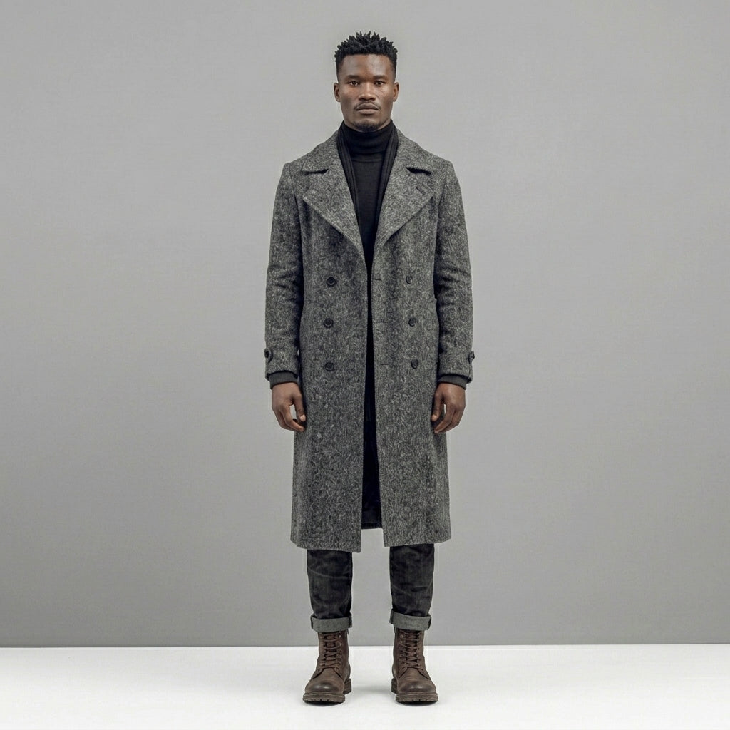Men’s Manteco Herringbone Double Breasted Long Coat – Dark Gray Classic Fit