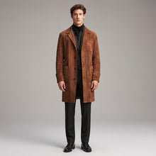 Load image into Gallery viewer, Men’s Vintage Brown Suede Trench Coat – Classic Button-Up Long Overcoat
