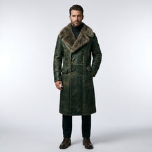 Load image into Gallery viewer, Men’s Dark Green Shearling Leather Jacket – Premium Winter Aviator Style
