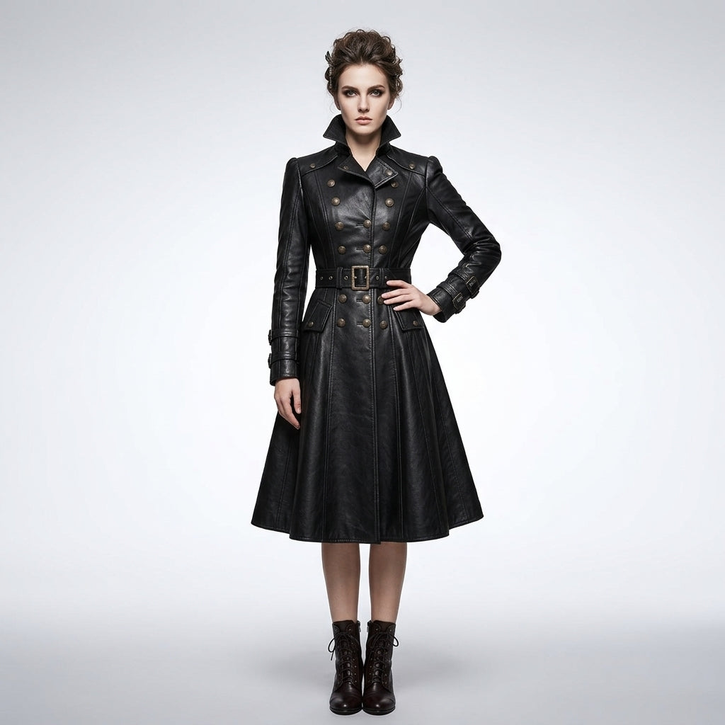 Women’s Black Gothic Victorian Leather Trench Coat – Elegant Long Statement Coat