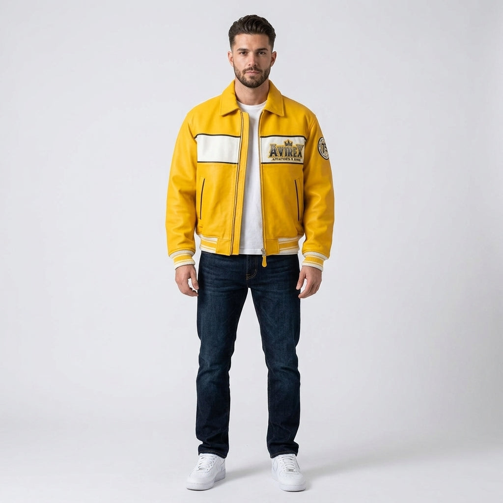 Aviators King Varsity Leather Jacket – Yellow & White Edition