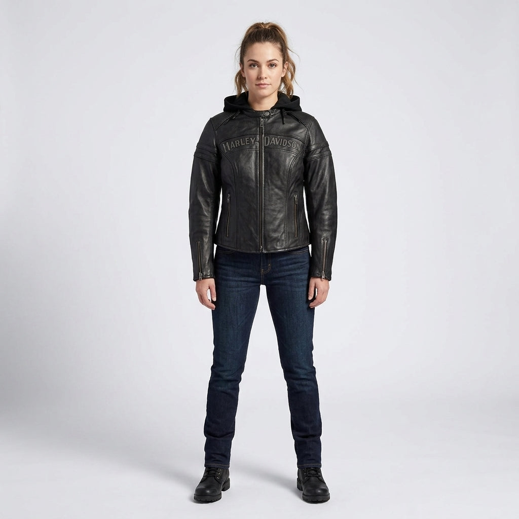 Women’s Scroll Skull 3-in-1 Leather Motorcycle Jacket – Harley Style Edition